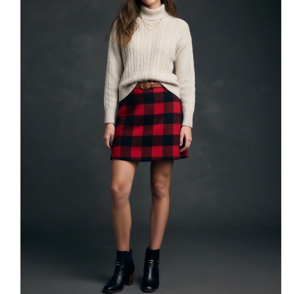 J Crew Buffalo Plaid Wool Blend A Line Mini Skirt‎ Size 10 Red Black Preppy